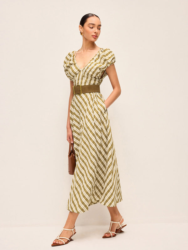 Kemersiz Kalp Yaka Puf Kollu Ekose Elbise