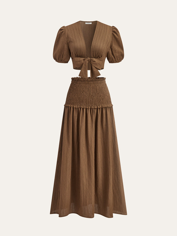 Puf Kollu Kısa Üst Ve Büzgülü Bel Midi Etek Takımı