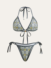 Desenli Boyundan Bağlamalı Bikini Takımı