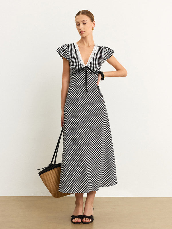 Gingham Dantelli Midi Elbise