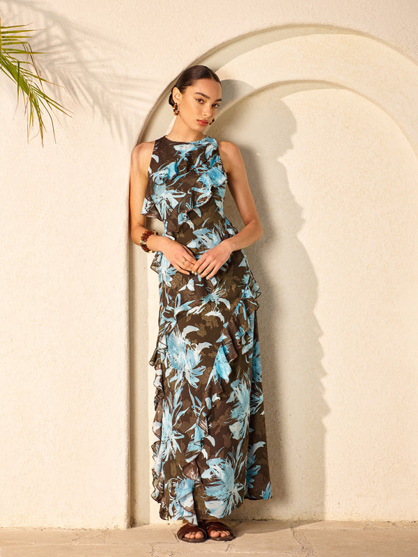 Şifon Çiçek Desenli Kolsuz Fırfırlı Elbise