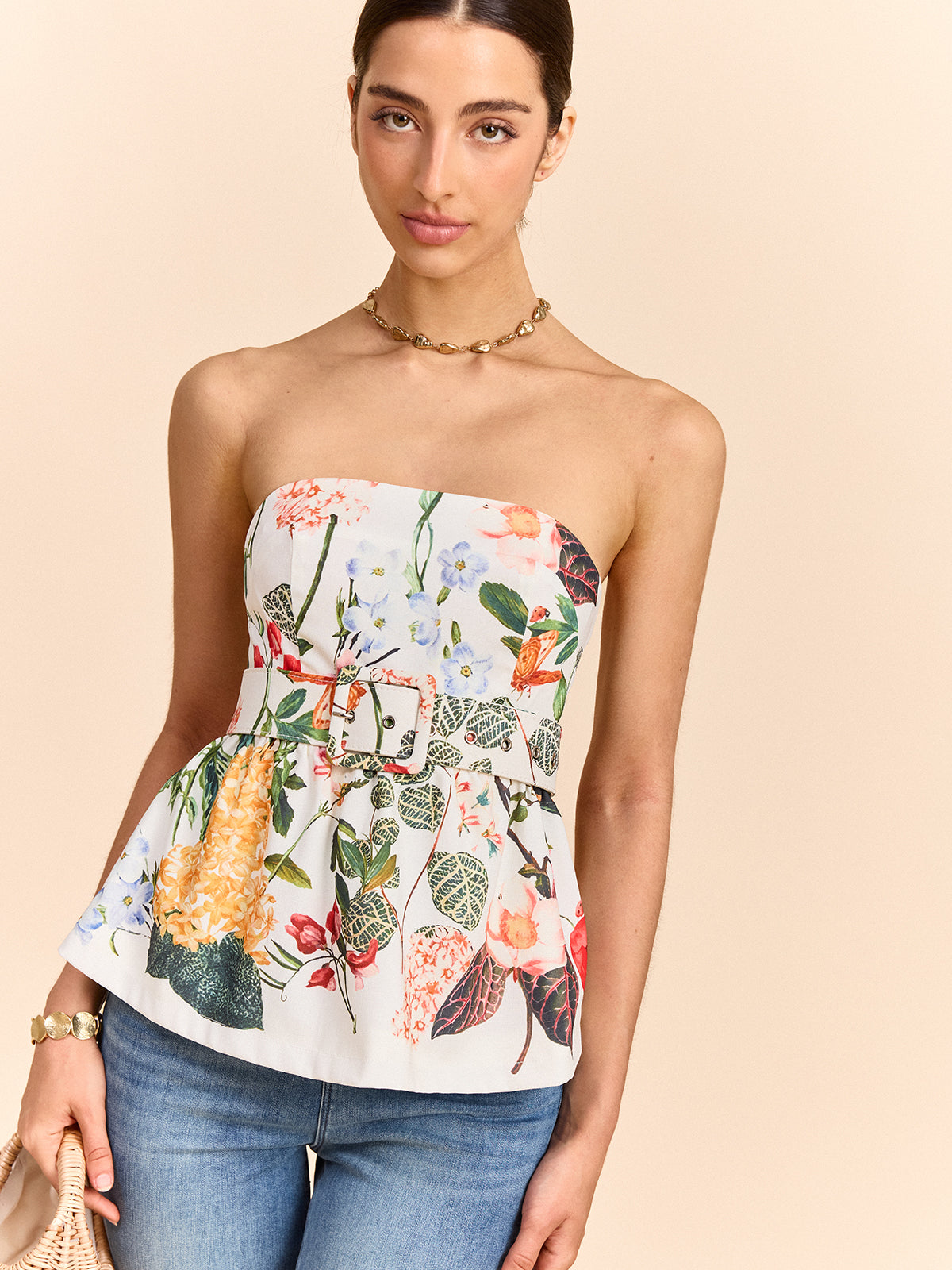 Çiçek Desenli Askısız Peplum Üst Ve Kemer