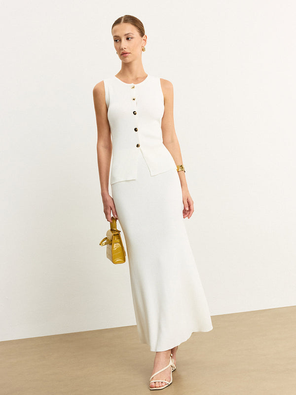 Kolsuz Önü Düğmeli Örme Etek Takımı