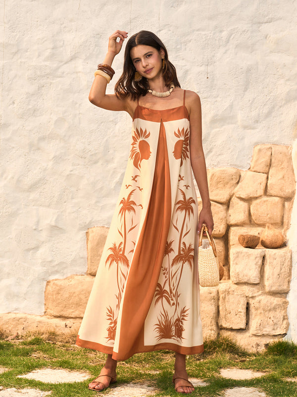 Kontrast Panelli Boho Desenli Askılı Elbise