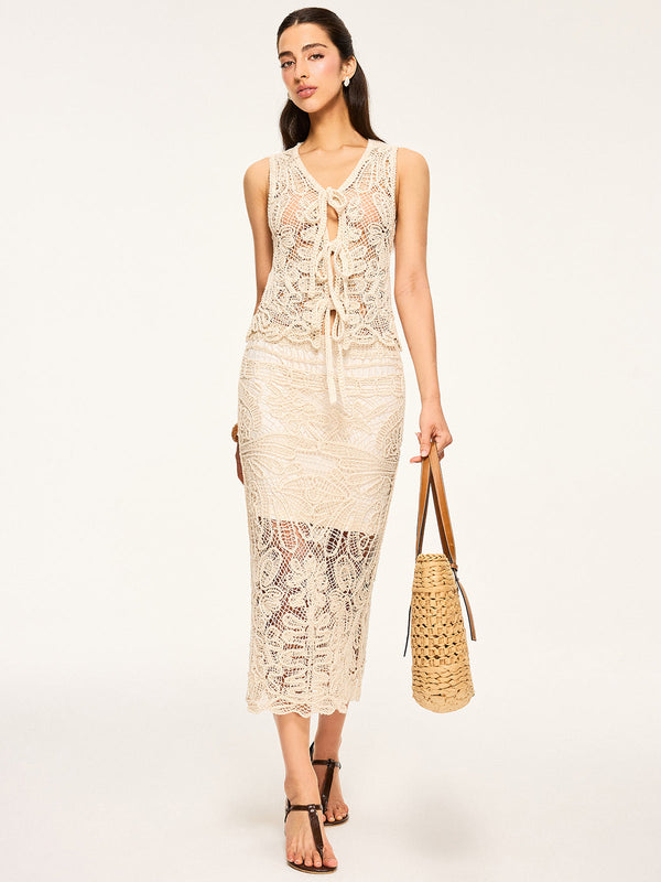 Şeffaf Tığ İşi Midi Etek