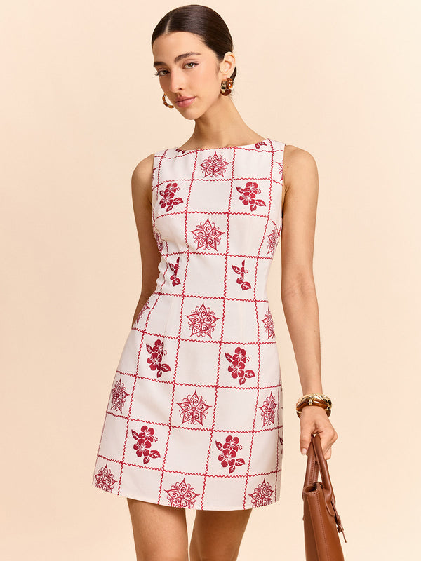 Kare Ve Çiçek Desenli Mini Elbise