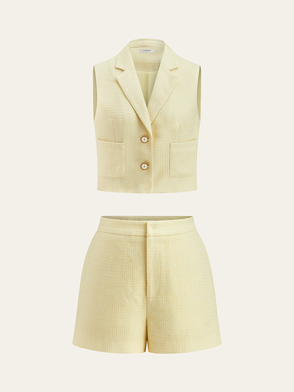 İnci Düğmeli Tüvit Yelek Ve Şort Takımı