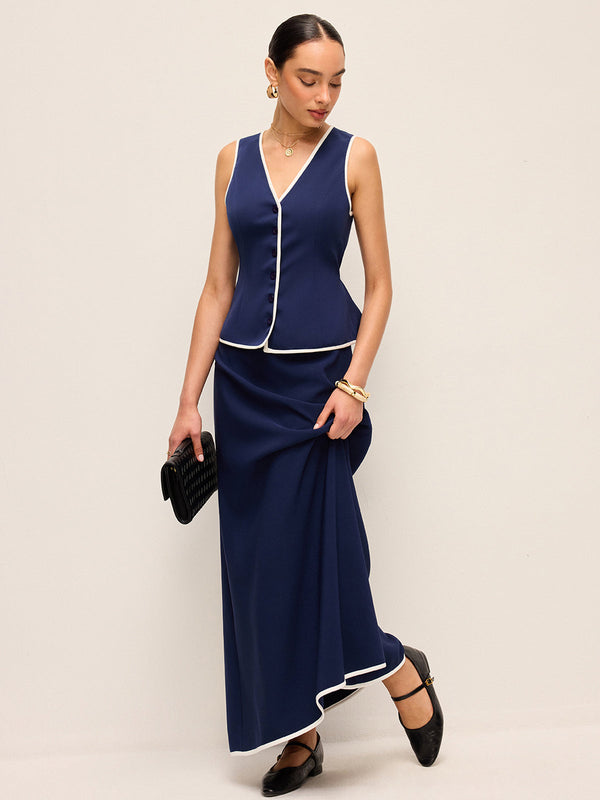 Kontrast Kesim V Yakalı Sırtı Bağcıklı Yelek Üst