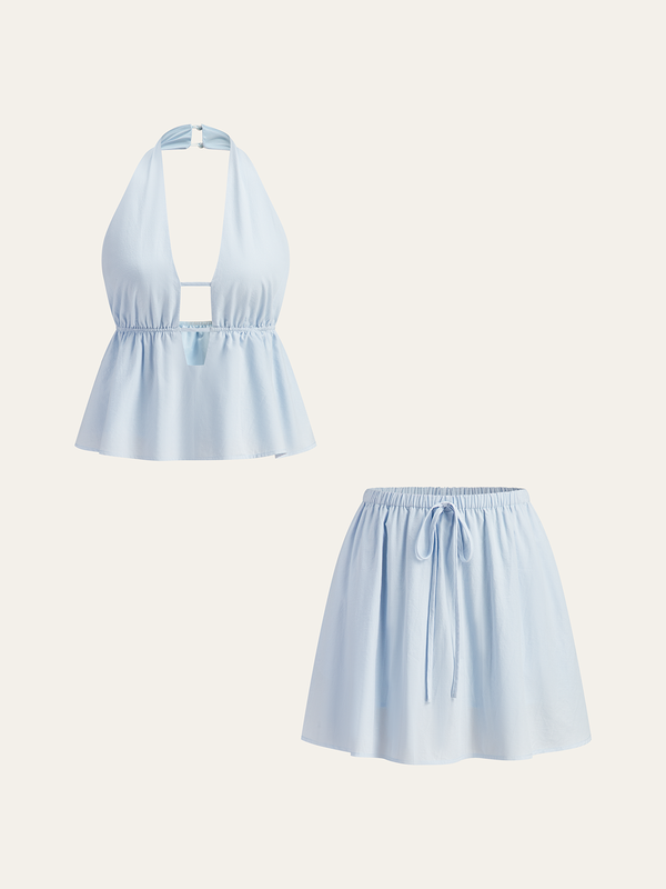 Boyundan Bağlamalı Üst Ve Bağcıklı Etek Takımı