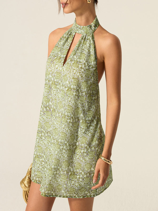 Boyundan Bağlamalı Kesik Baskılı Mini Elbise