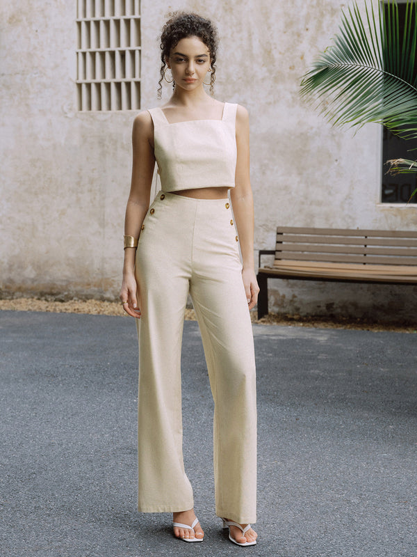 Pamuk Ve Keten Düğmeli Dekorlu Atlet Ve Düz Paça Pantolon Takımı