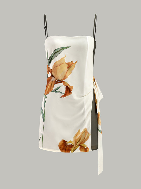 Çiçek Desenli Yan Bağlamalı Askılı Elbise