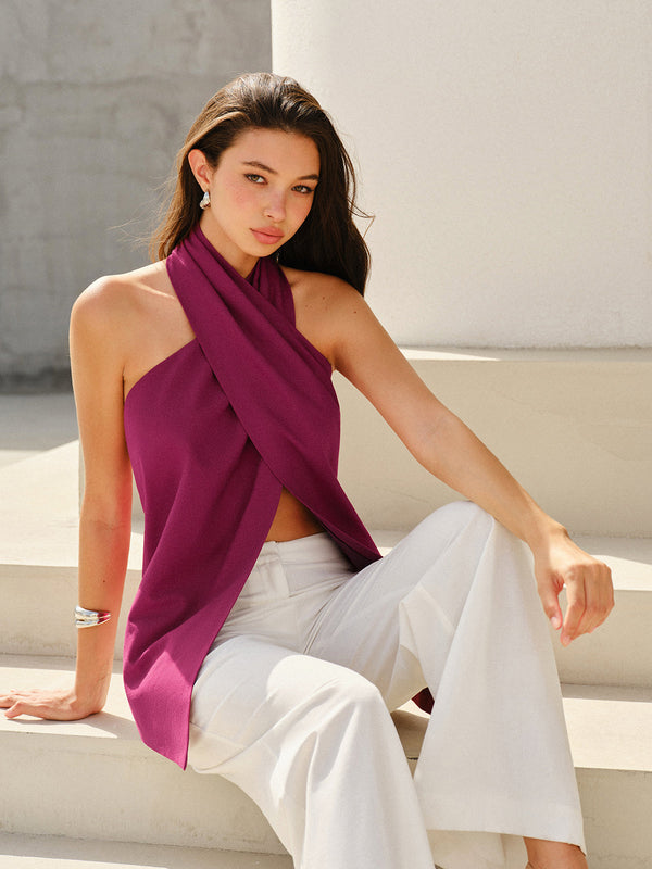 Halter Tarzı Çapraz Yaka Sırtı Açık Üst