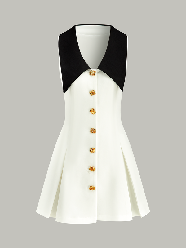 Altın Düğmeli Renk Bloklu Midi Elbise