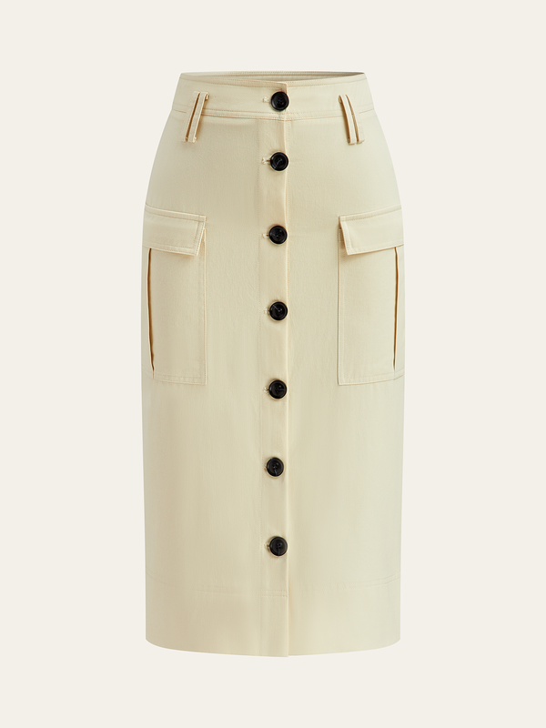 Cepli Önü Düğmeli Midi Etek