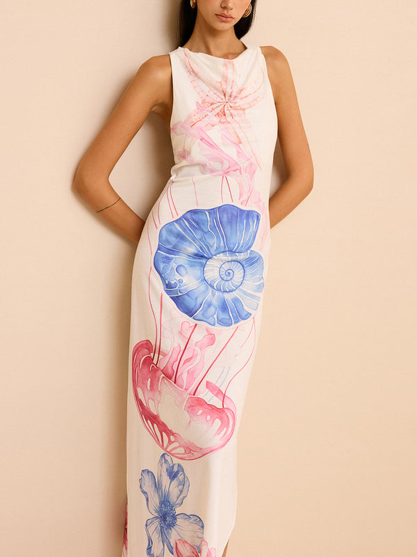 Yarı Şeffaf Okyanus Desenli Uzun Elbise