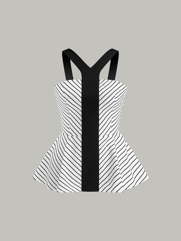 Kontrast Askılı Çizgili Peplum Üst