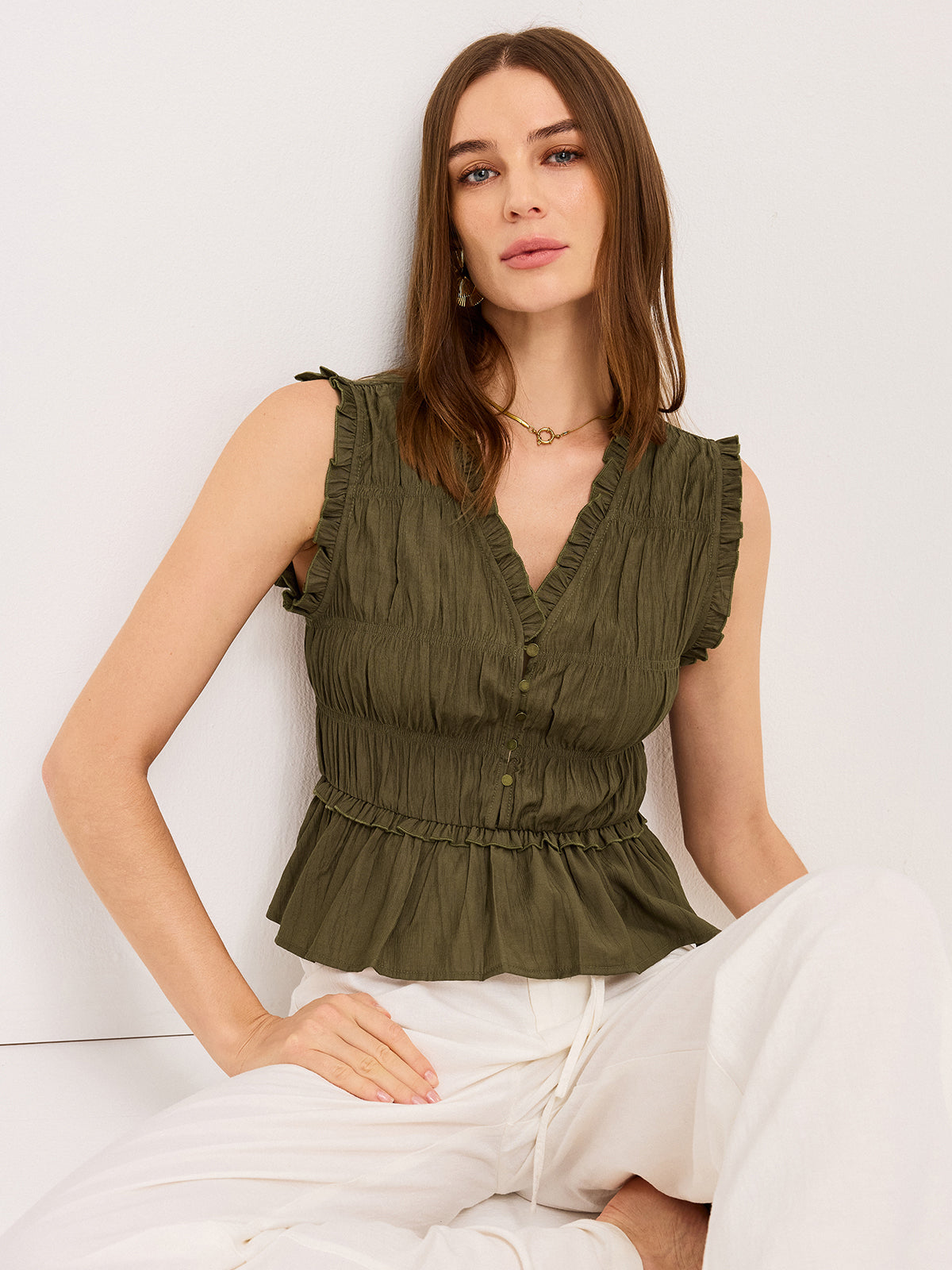Volanlı V Yaka Peplum Üst