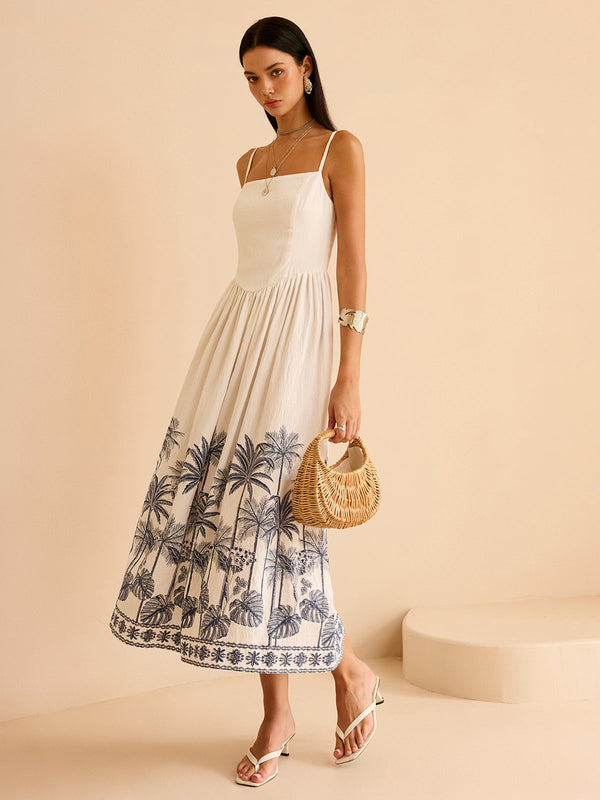 Yarı Şeffaf Tropikal Palmiye Desenli Sırtı Bağcıklı Uzun Elbise
