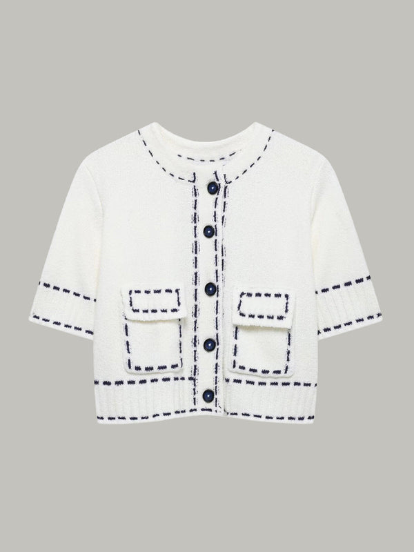 Kontrast Dikişli Kısa Kollu Kırpılmış Hırka