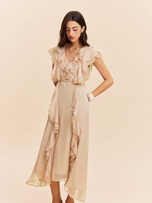 Yarı Şeffaf Volan Detaylı Elbise