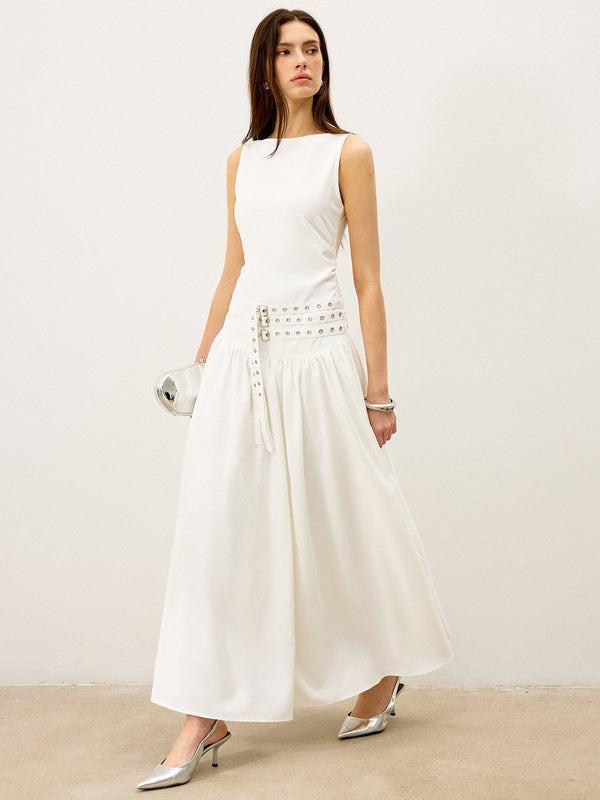 Tekne Yaka Çok Kemerli Düşük Bel Uzun Elbise