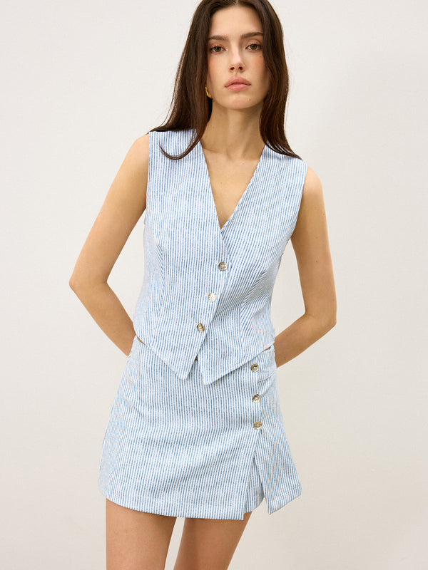 Çizgili Önü Düğmeli Etek Takımı