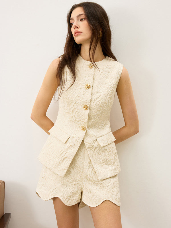 Metal Düğmeli Dokulu Jakarlı Yelek