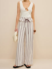 Peplum Bel Çizgili Geniş Paça Pantolon
