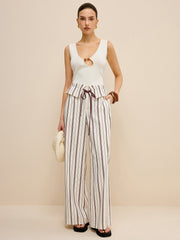 Peplum Bel Çizgili Geniş Paça Pantolon
