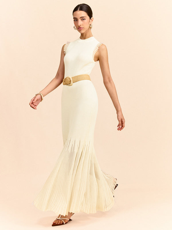 Tül Panelli Volanlı Örme Uzun Elbise