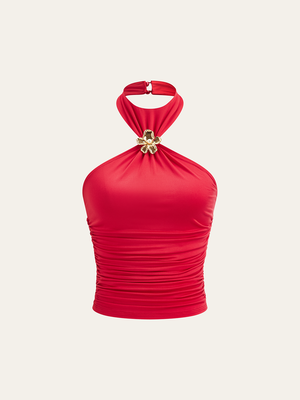 Metal Çiçek Dekorlu Yarı Şeffaf Askılı Yakalı Büzgülü Üst