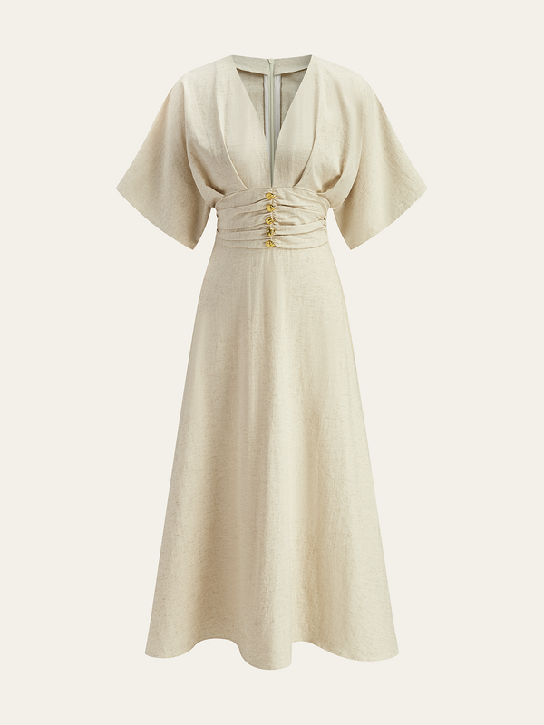 Metal Dekorlu Büzgülü Midi Elbise