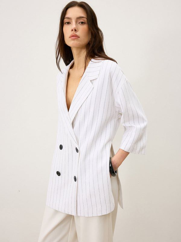 Keten Ve Pamuklu Büyük Boy Çizgili Yan Yırtmaçlı Kruvaze Blazer