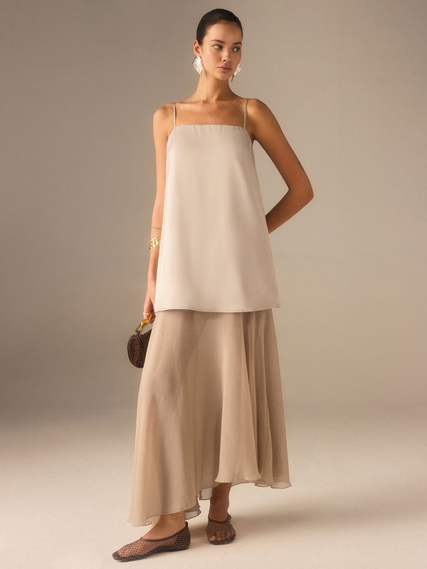 2'Si 1 Arada Yarı Şeffaf Şifon Askılı Uzun Elbise