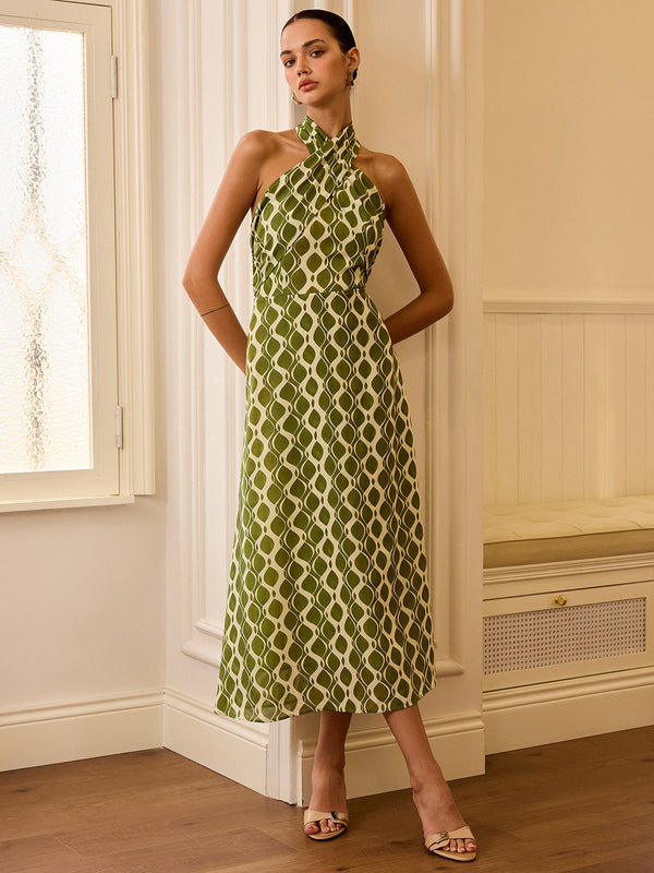 Boyundan Bağlamalı Baskılı Midi Elbise