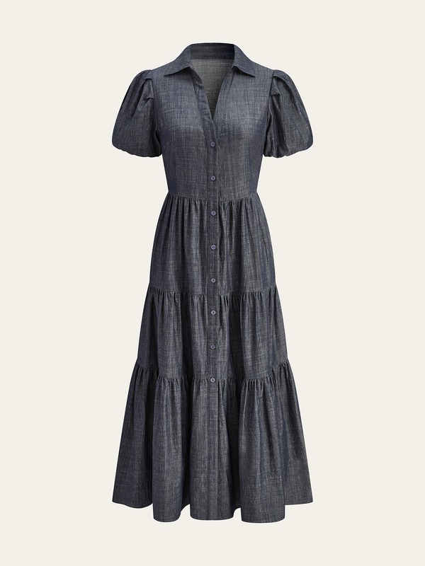 Puf Kollu Katlı Önü Düğmeli Maksi Elbise