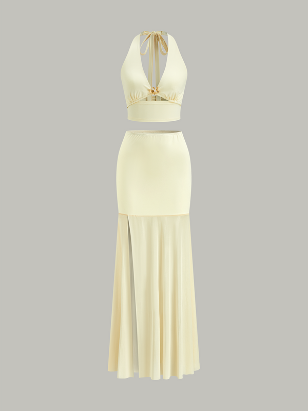 Boyundan Bağlamalı Kısa Üst Ve File Panelli Etek Takımı