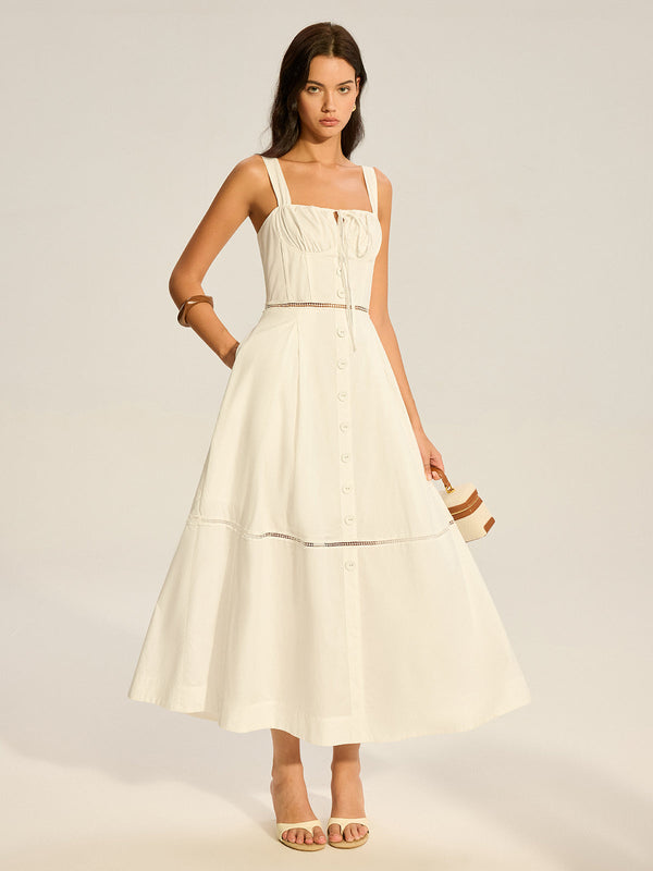 Dantel Panelli Sırt Bağlamalı Pamuklu Uzun Elbise