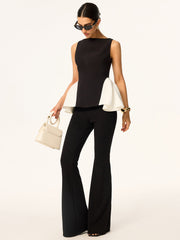Renk Bloklu Peplum Bel Kolsuz Bluz