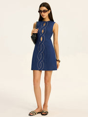 Keten Ve Pamuklu Kesikli Kontrast Dikişli Mini Elbise