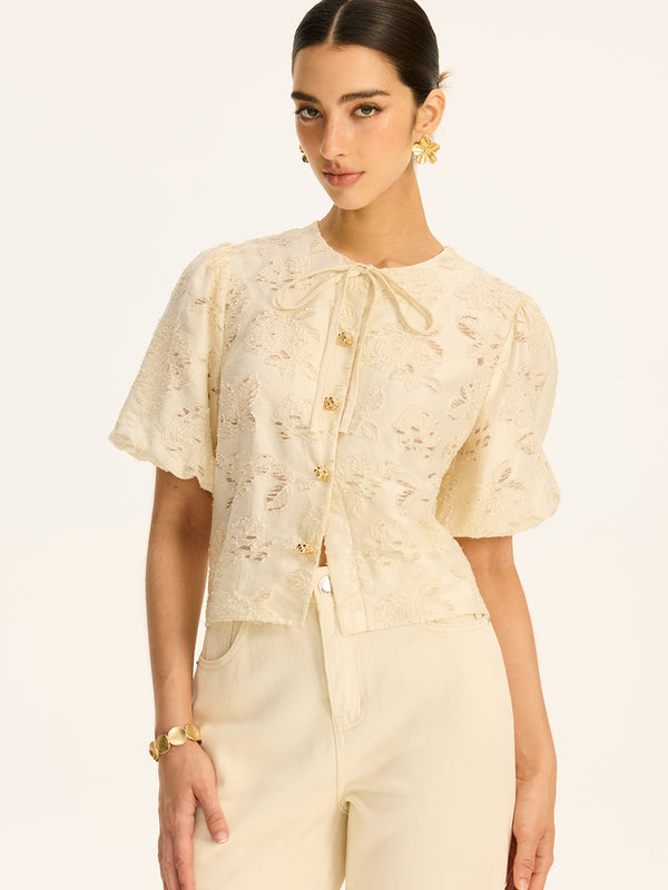 Yarı Şeffaf Jakarlı Metal Düğmeli Pamuk Karışımlı Üst