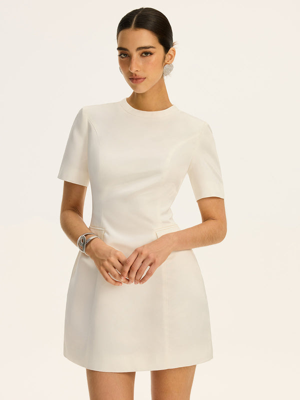 Kısa Kollu Belden Bağlayan Mini Elbise, Dekoratif Cepli