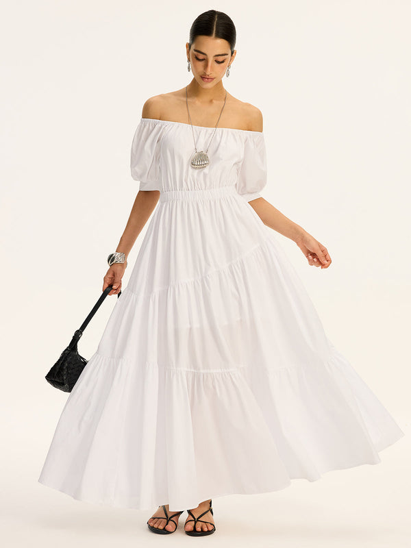 Pamuklu Omuz Açık Kısa Kollu Maksi Elbise