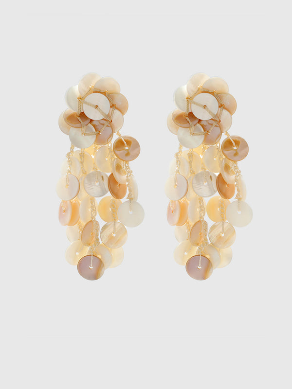 Uzun El Yuvarlak Krem Kabuk Püskül Küpeler