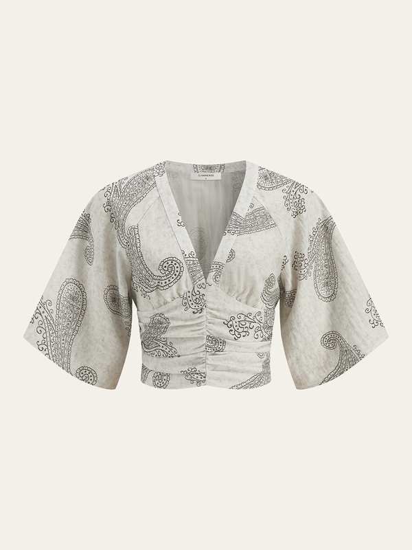 Boho Desenli Büzgülü Kısa Üst