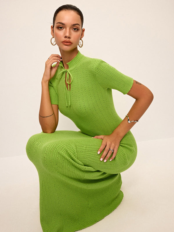 Boyundan Bağlamalı Örme Uzun Elbise