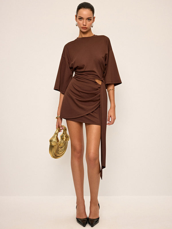 Yarım Kollu Kesik Mini Elbise