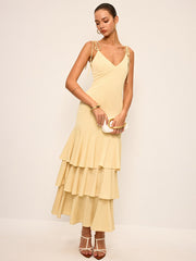 Bağcıklı Askılı Omuz Katlı Uzun Elbise