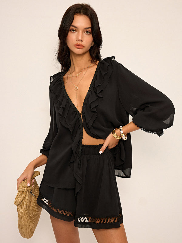 Fırfırlı Düğmeli Şifon Üst Ve Şort Takımı